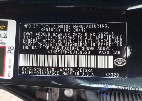 2012 Toyota Camry Se Limited Edition из США, поврежденный, VIN 4T1BF1FK7CU158530